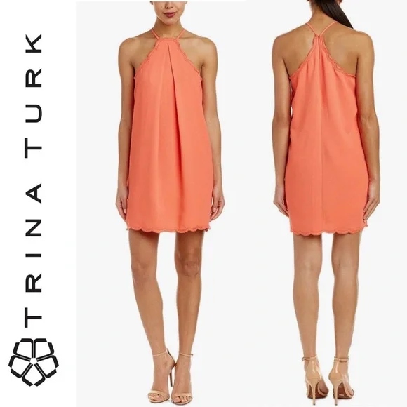 Trina Turk Scalloped Halter Mini Dress Coral Orange Crape Size 12 Spring Summer - Picture 4 of 16